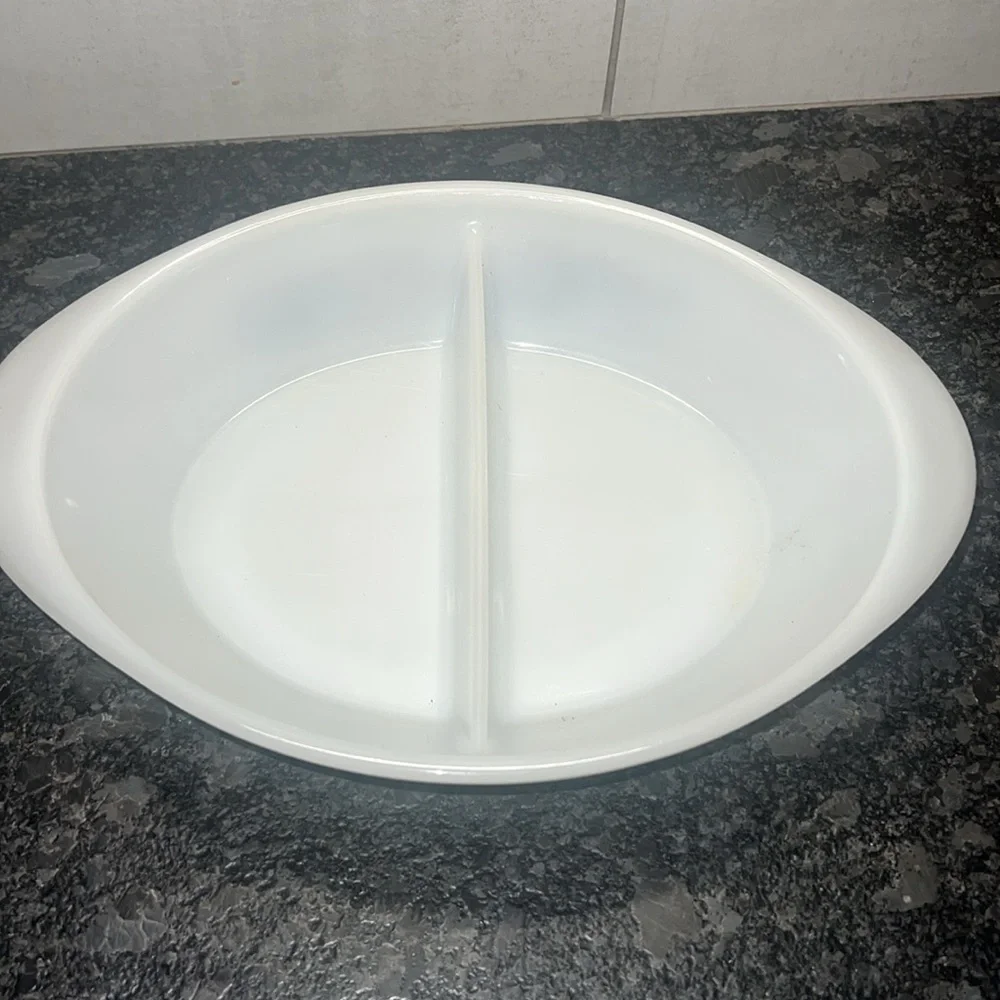 Currier & Ives divided milk glass casserole dish by Glassbake. Made in USA.